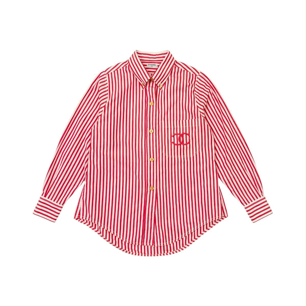 Chanel Red + White Striped Button Down Top