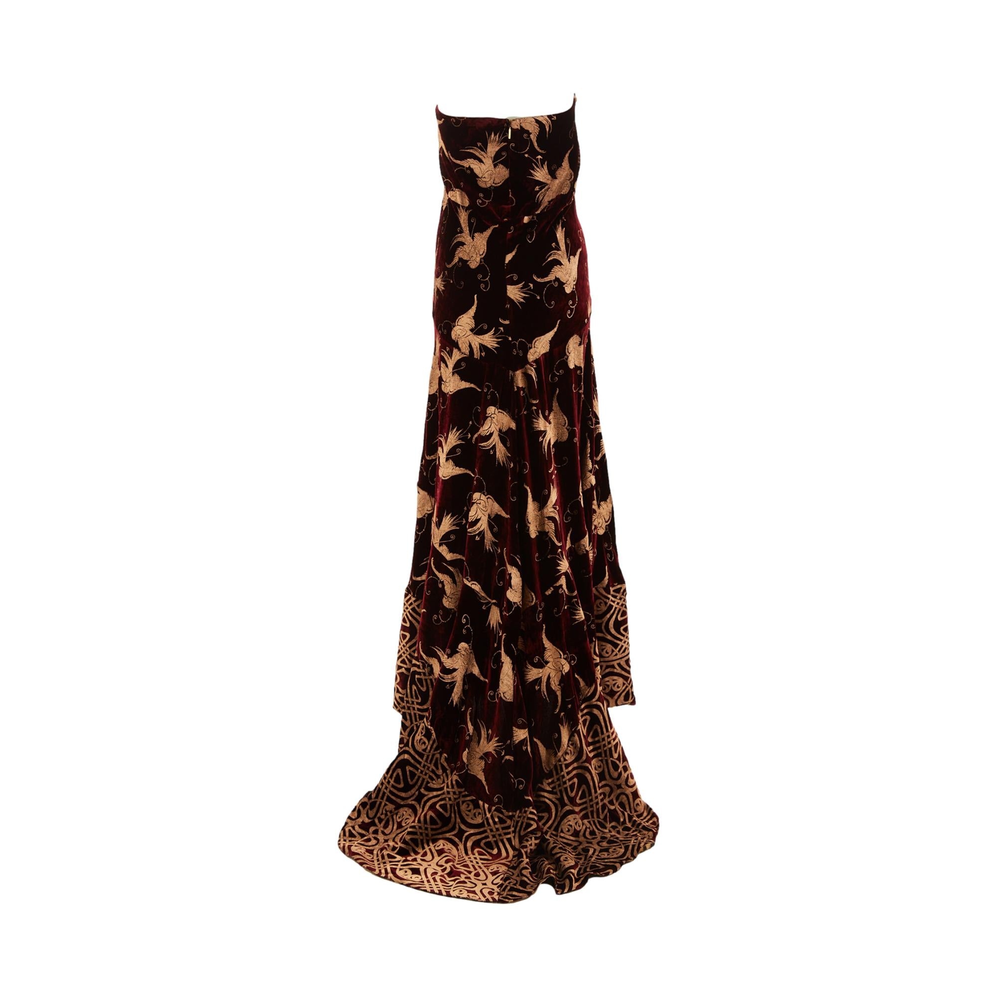 Roberto Cavalli Maroon + Gold Crushed Velvet Gown