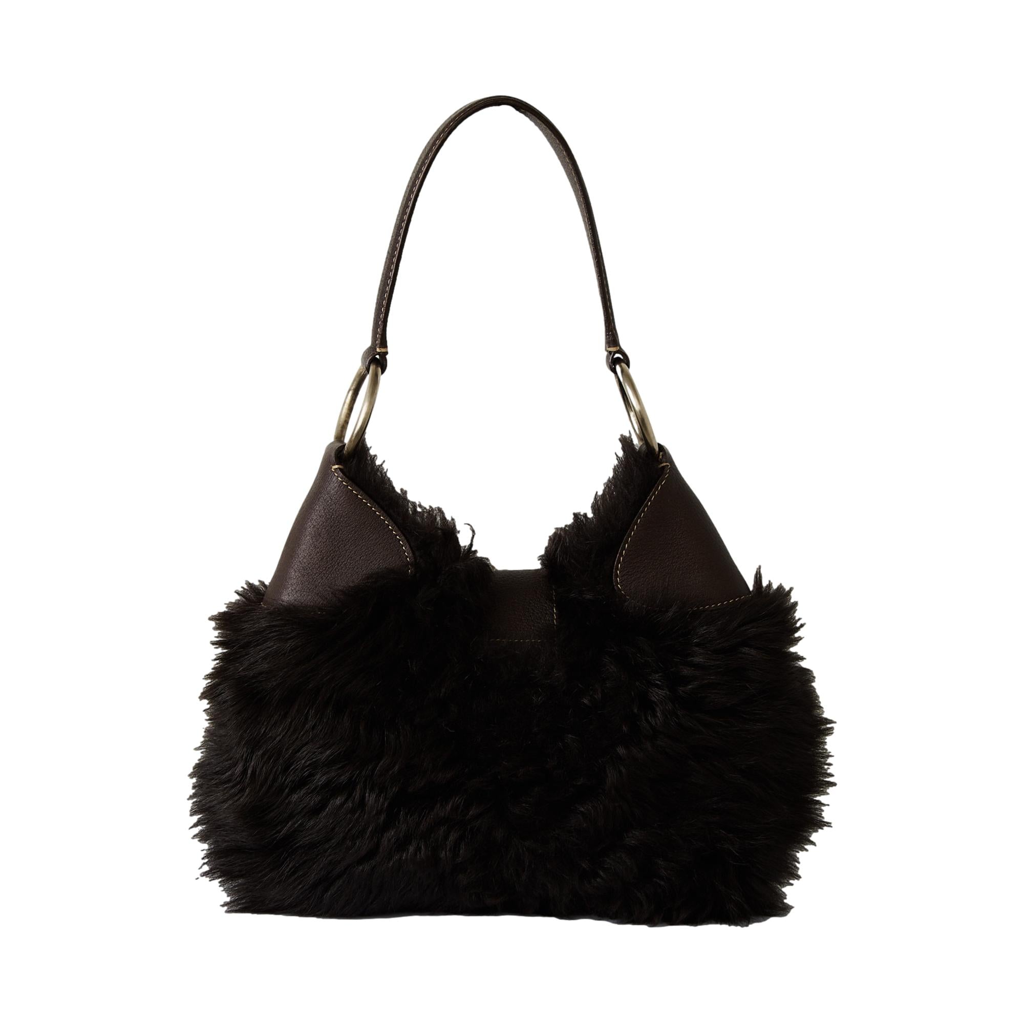 Prada Brown Faux Fur Buckle Shoulder Bag