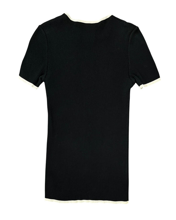 Chanel Black Ribbed Logo Short Sleeve Top