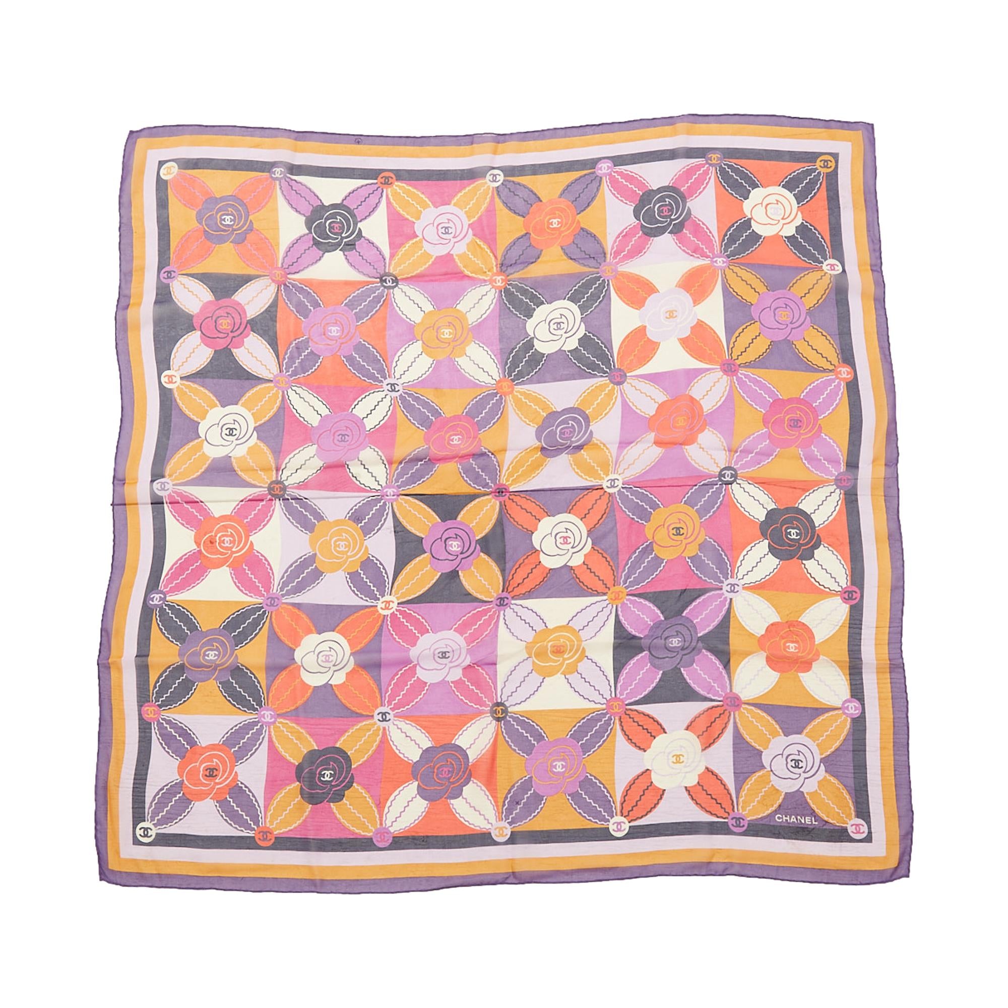 Chanel Purple Silk Camellia Pattern Scarf