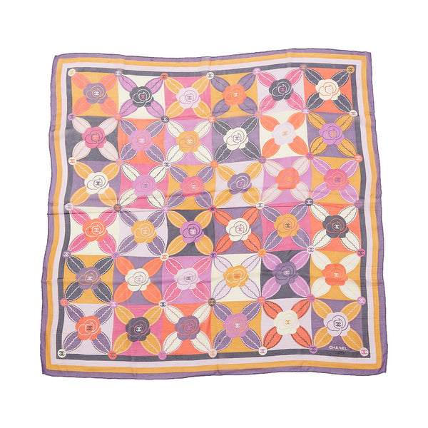 Chanel Purple Silk Camellia Pattern Scarf