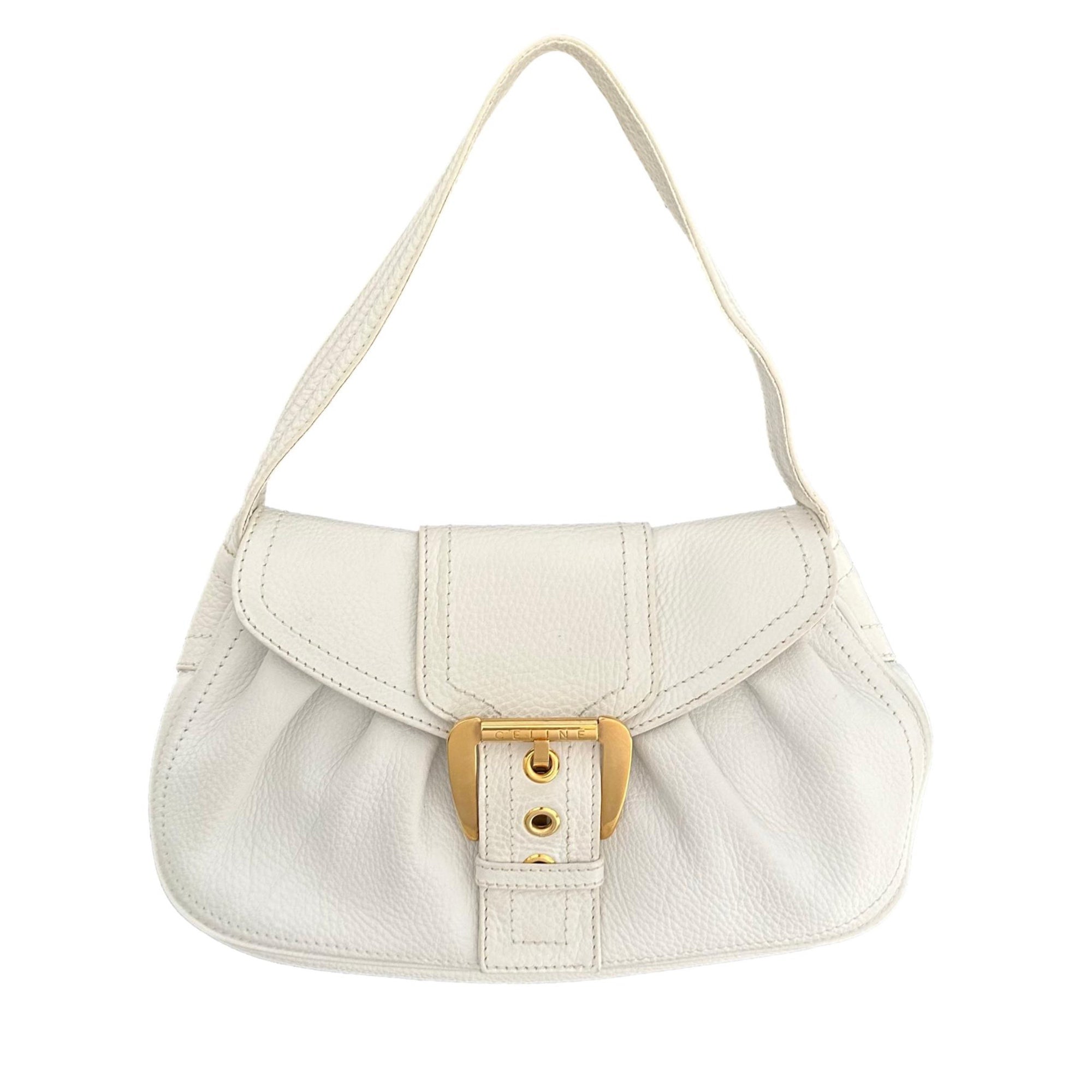 Celine White Leather Buckle Shoulder Bag