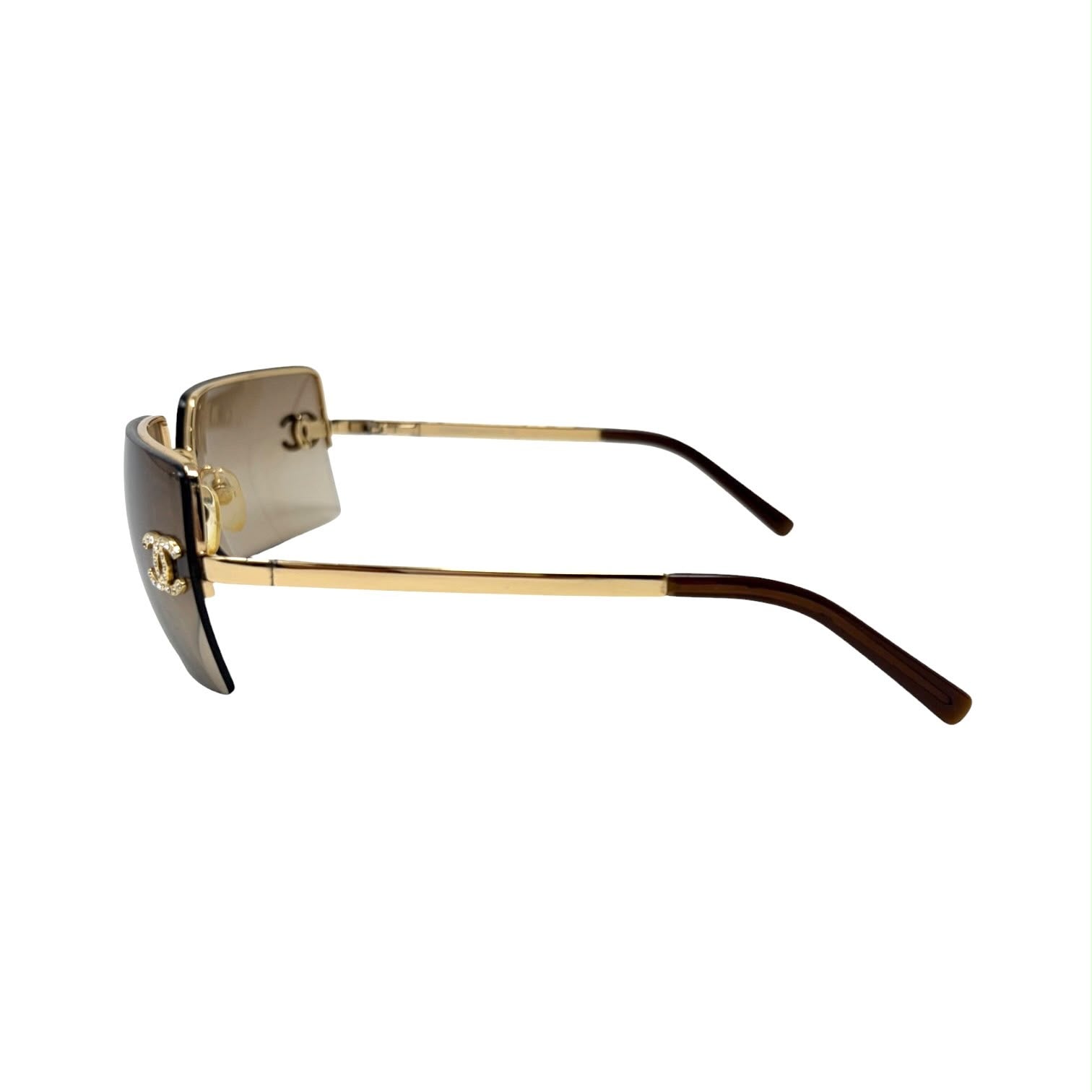 Chanel Brown Rhinestone Logo Rimless Sunglasses
