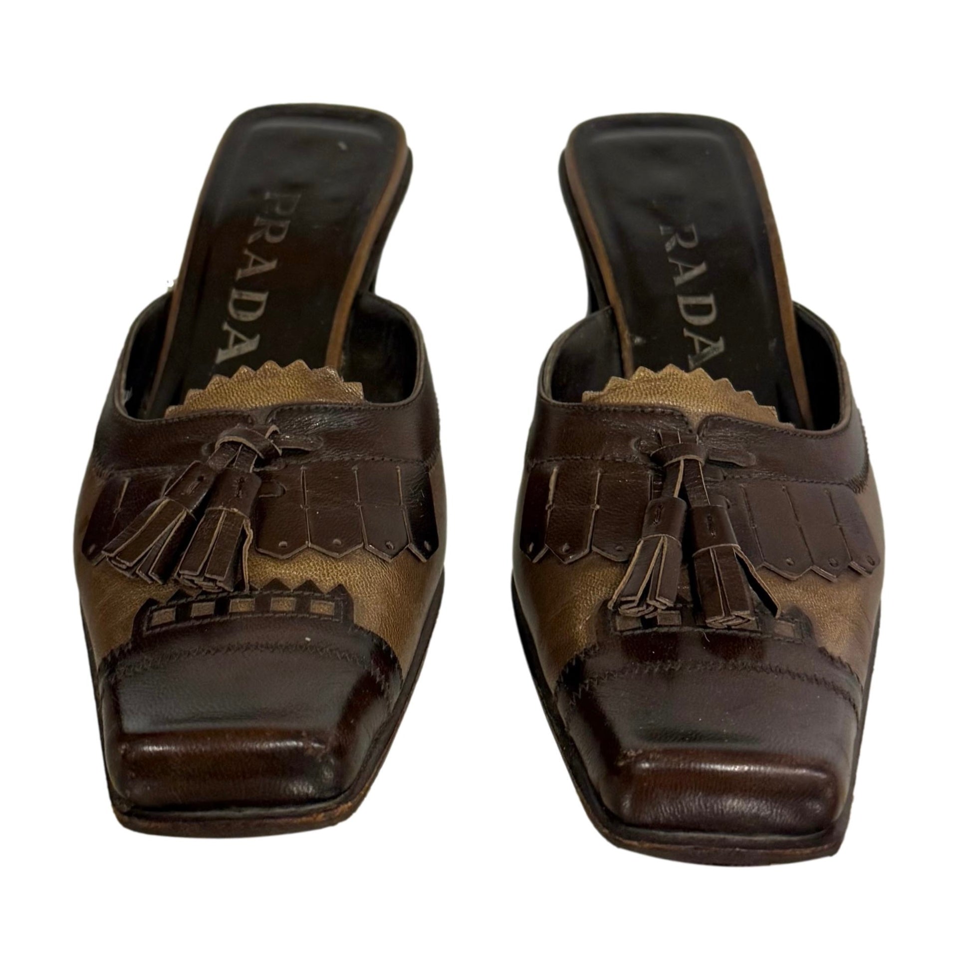 Prada Brown Leather Tassel Loafer Heels