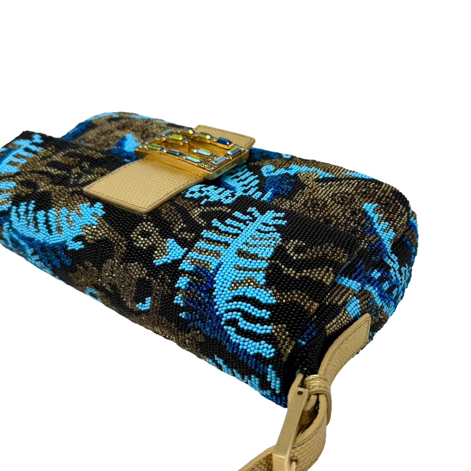 Fendi Blue Multicolor Turtle Beaded Baguette Bag