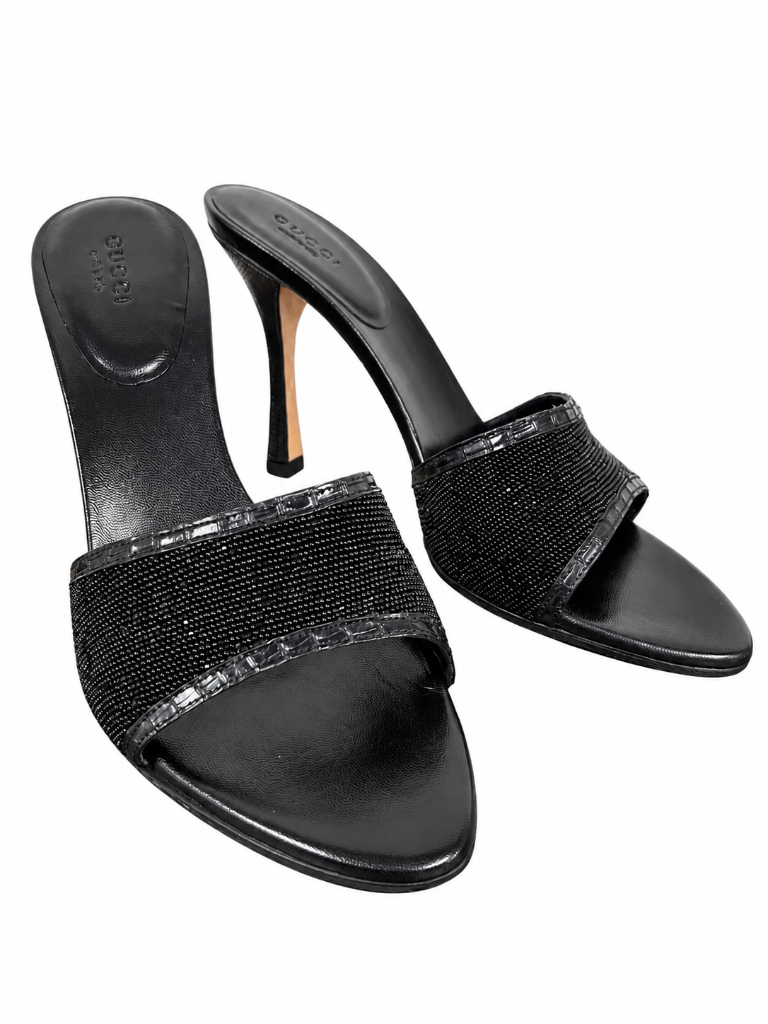 Gucci Black Beaded Logo Heels