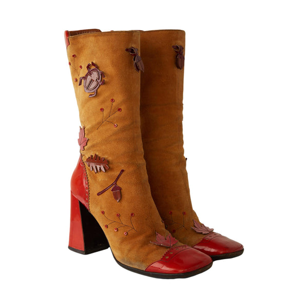 Prada Tan Suede Leaf Applique Boots