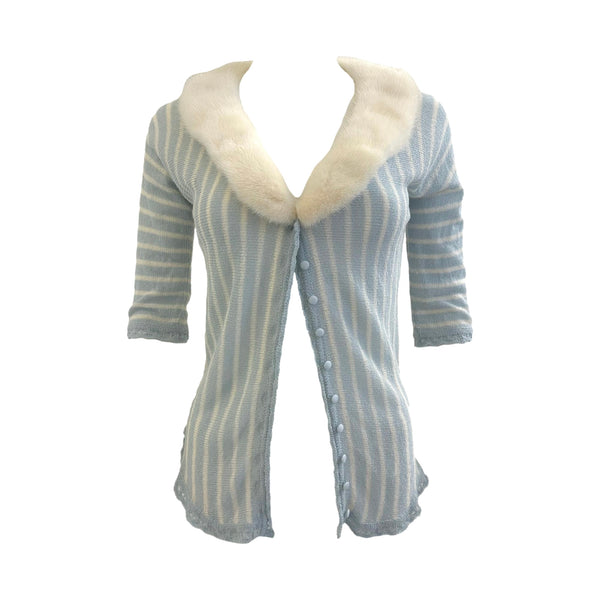 Blumarine Powder Blue Stripe Knit Fur Cardigan