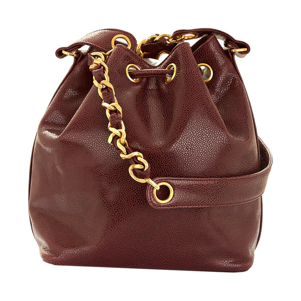 Chanel Burgundy Caviar Logo Bucket Bag