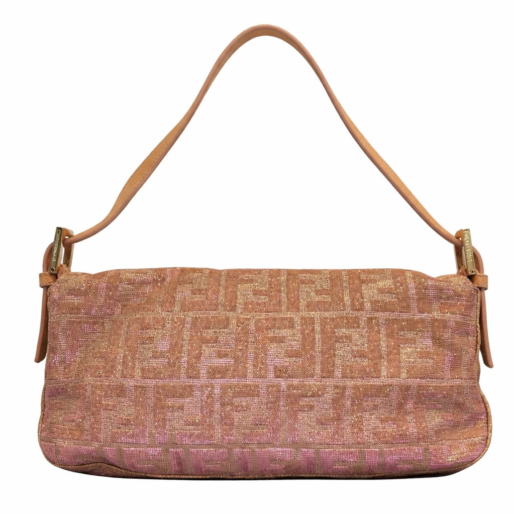 Fendi Peach Iridescent Rhinestone Logo Baguette