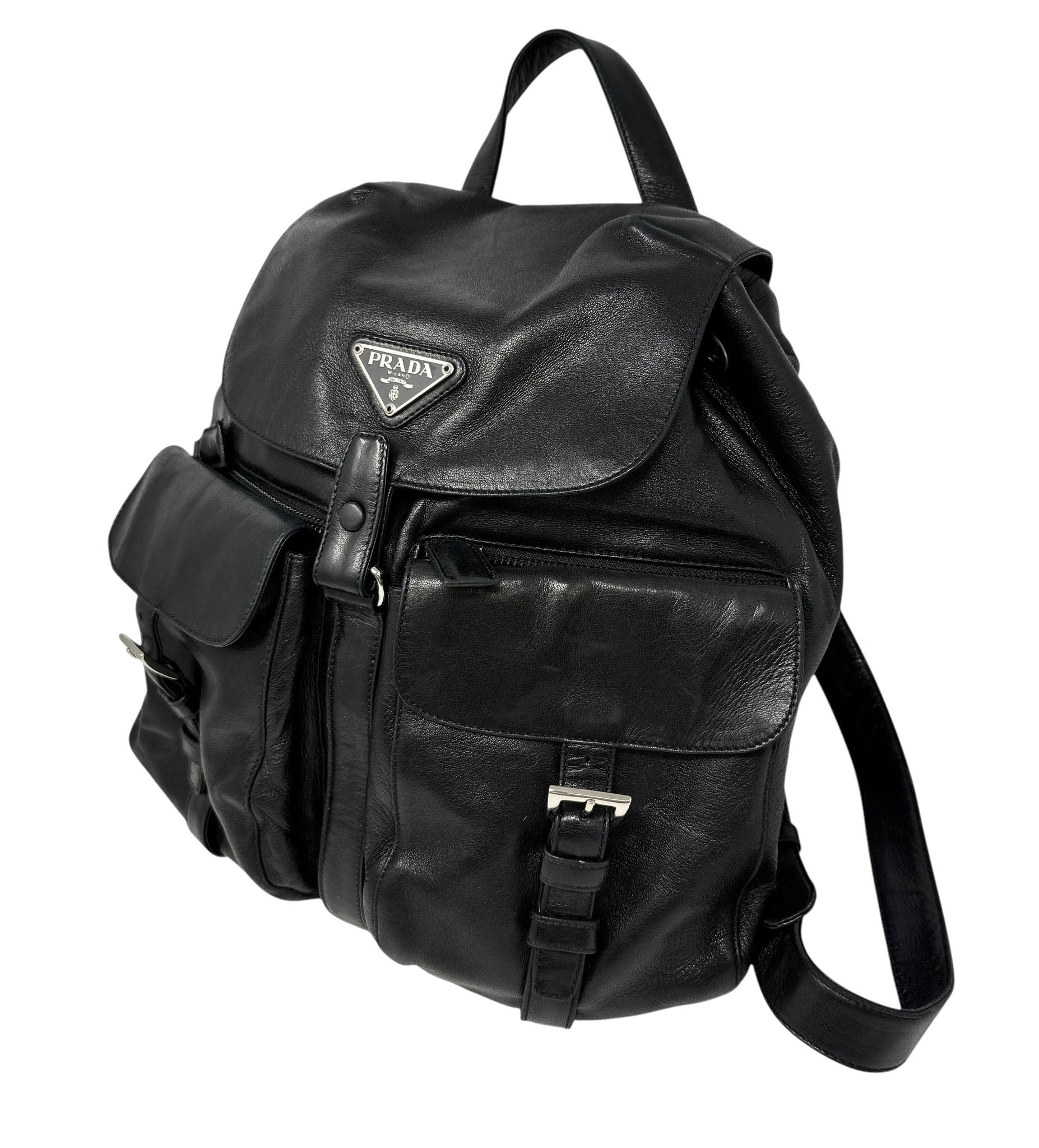 Prada Black Leather Logo Backpack