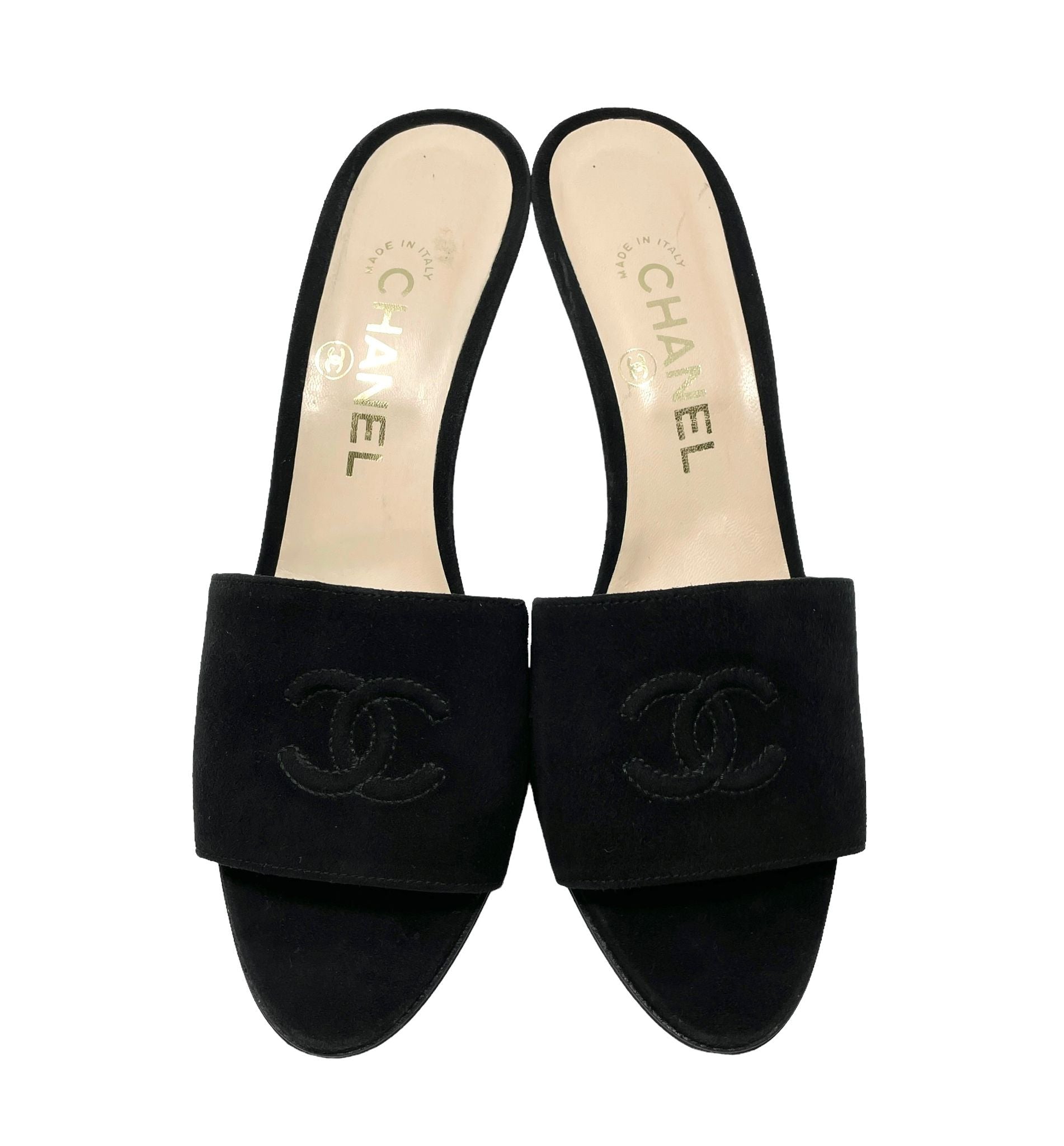 Chanel Black Suede Logo Heels