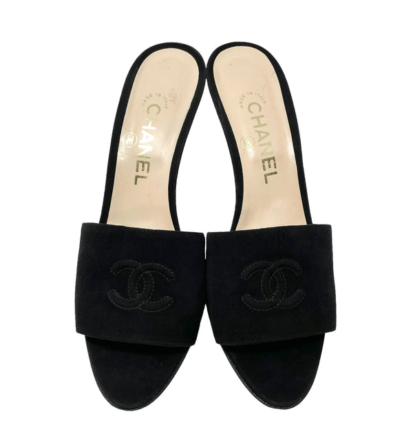 Chanel Black Suede Logo Heels