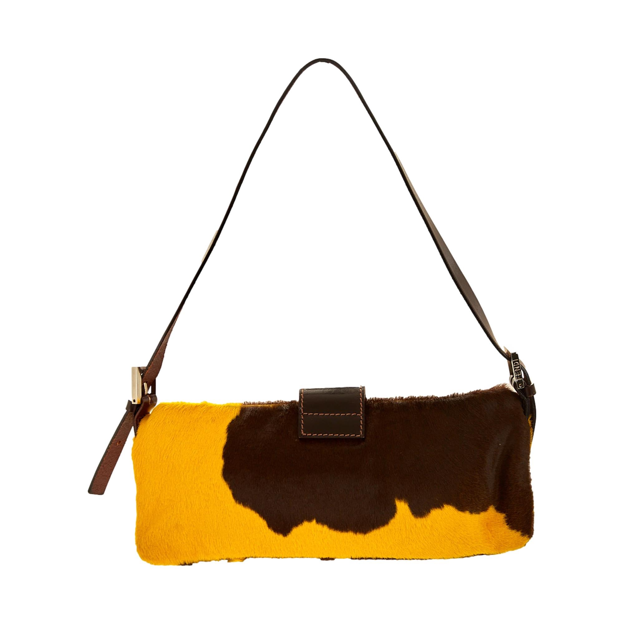 Fendi Yellow Cow Print Baguette Shoulder Bag