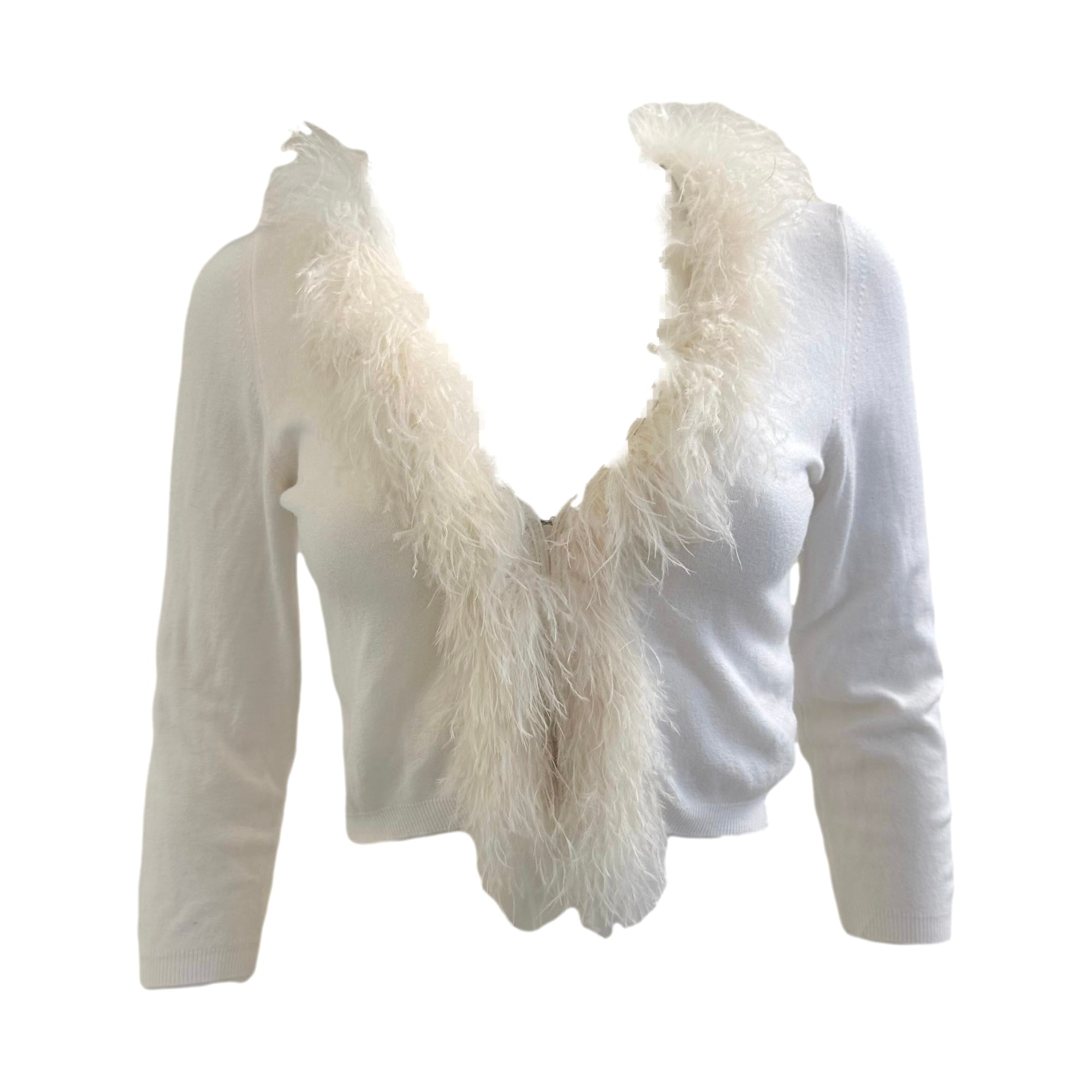Blumarine Ivory Feather Cropped Cardigan