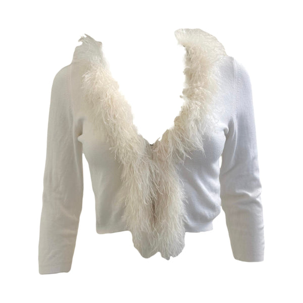 Blumarine Ivory Feather Cropped Cardigan