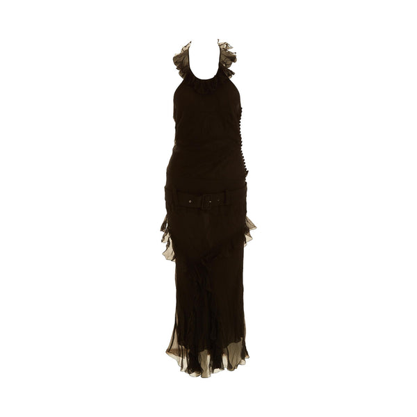 John Galliano Black Belted Silk Ruffle Gown