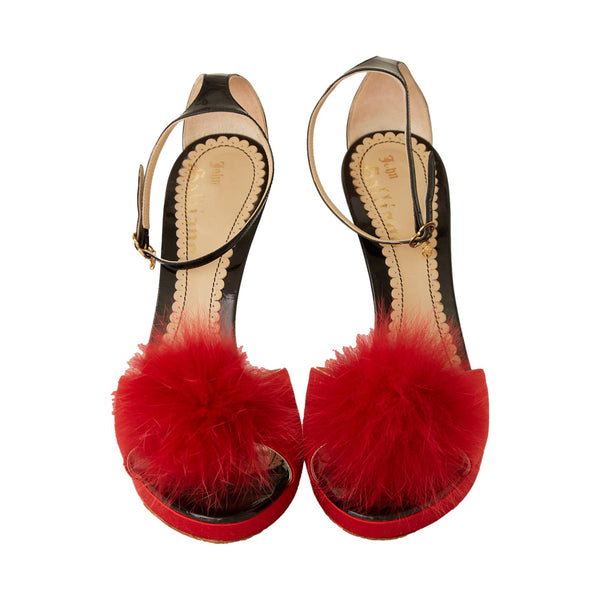 John Galliano Red + Black Fur Stiletto Heels