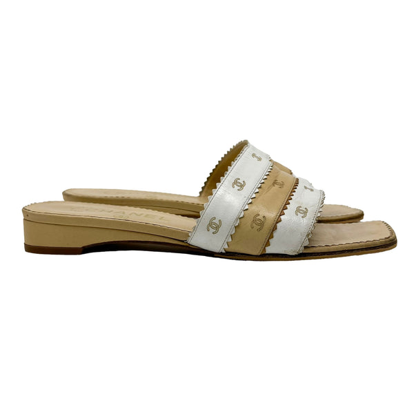 Chanel Cream + Tan Leather Logo Sandals