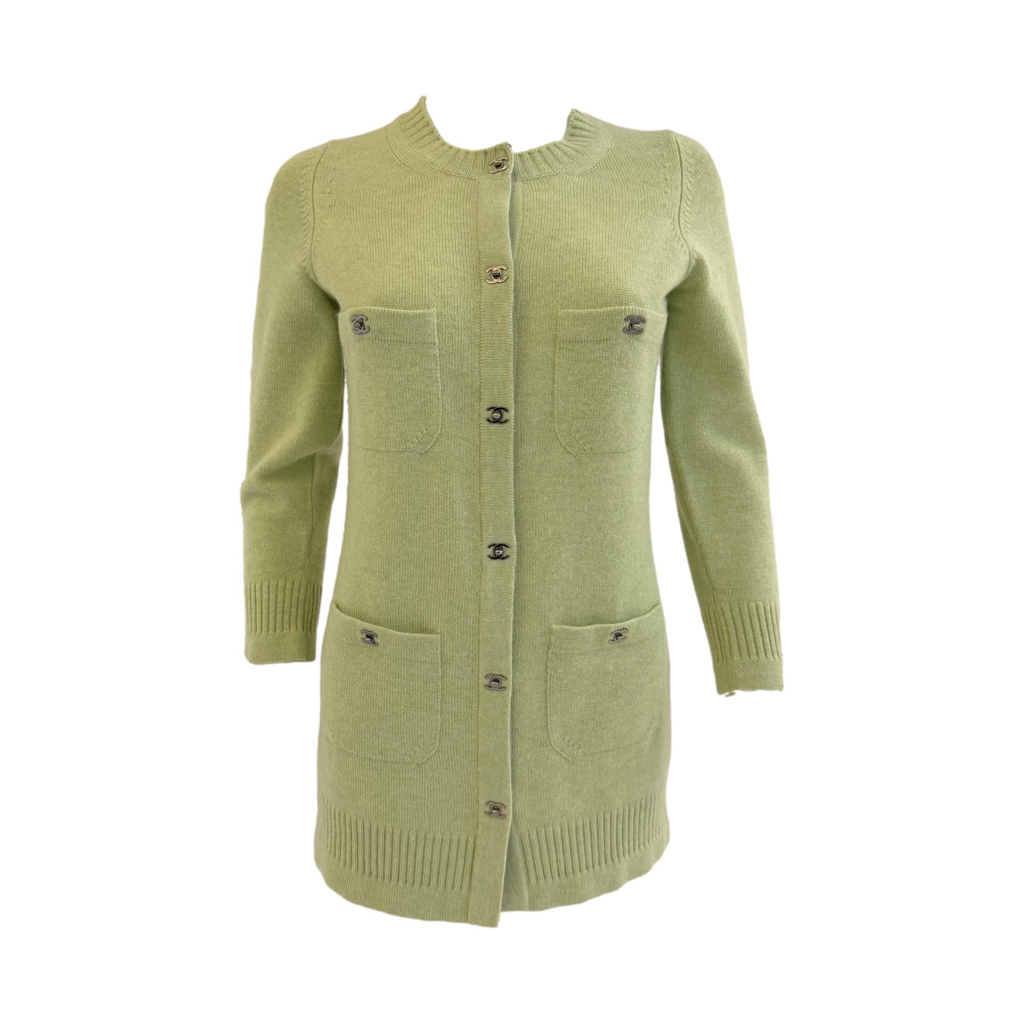 Chanel Green Turnlcock Cashmere Cardigan