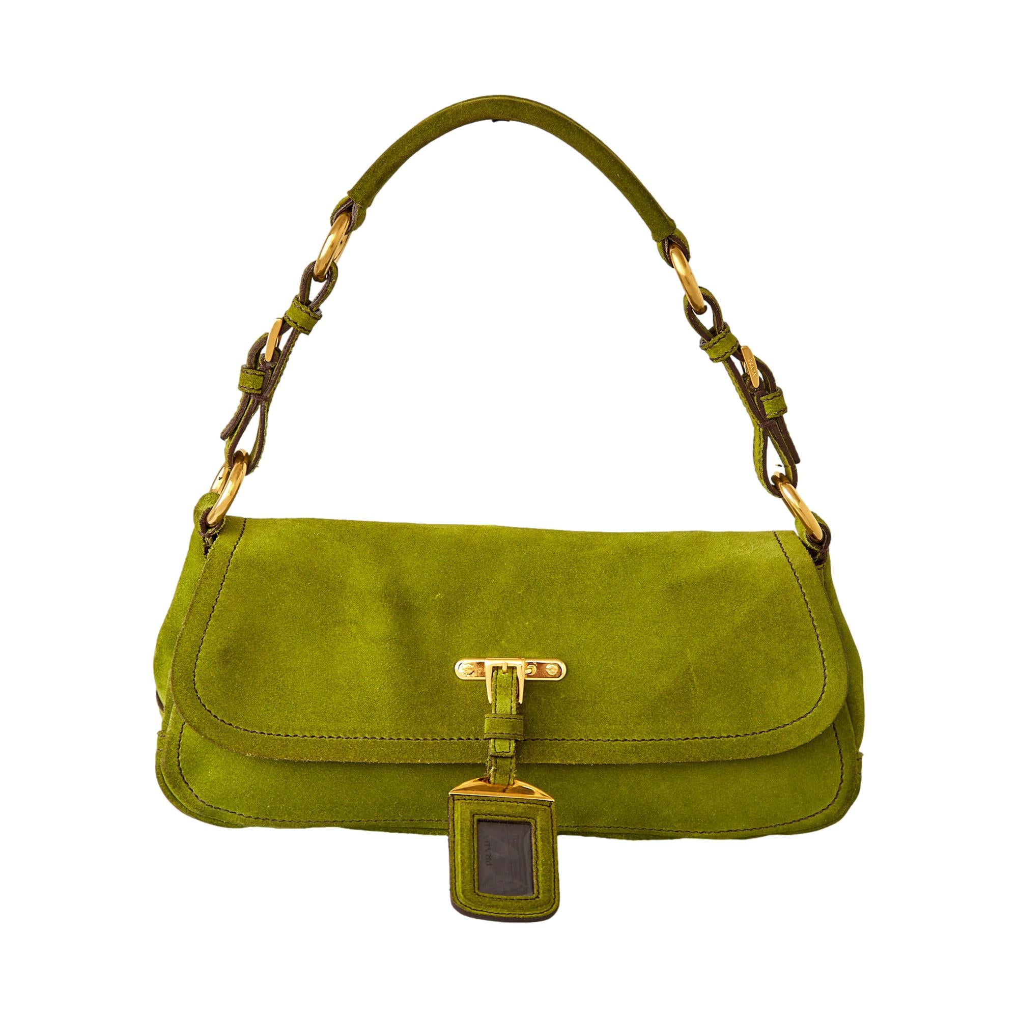 Prada Green Suede Logo Shoulder Bag