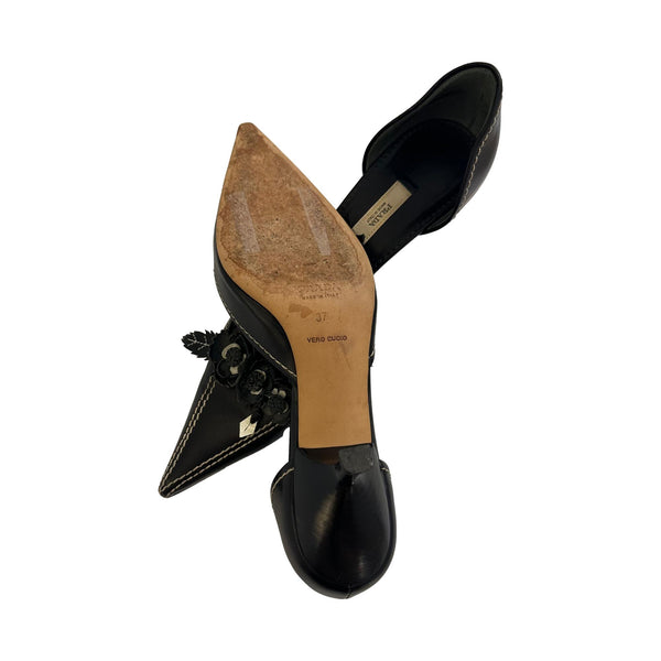 Prada Black Leather Floral Appliqué Kitten Heels