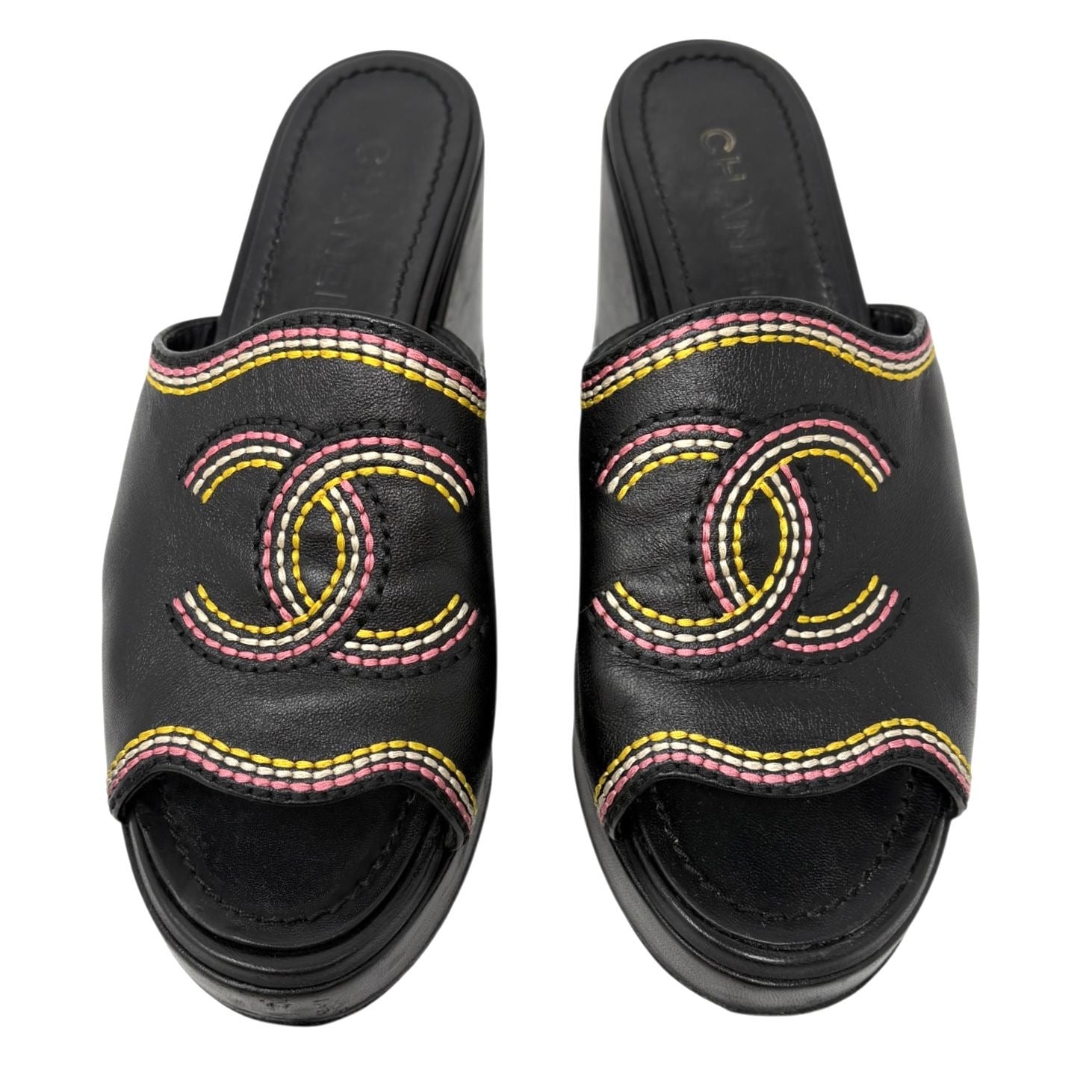 Chanel Black Stitched Logo Platform Sandals