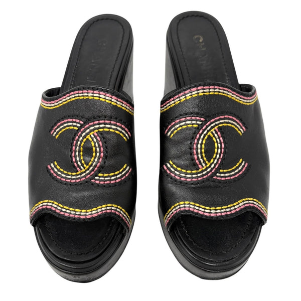 Chanel Black Stitched Logo Platform Sandals
