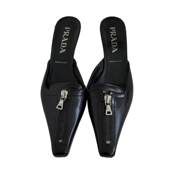 Prada Black Leather Zipper Kitten Heels