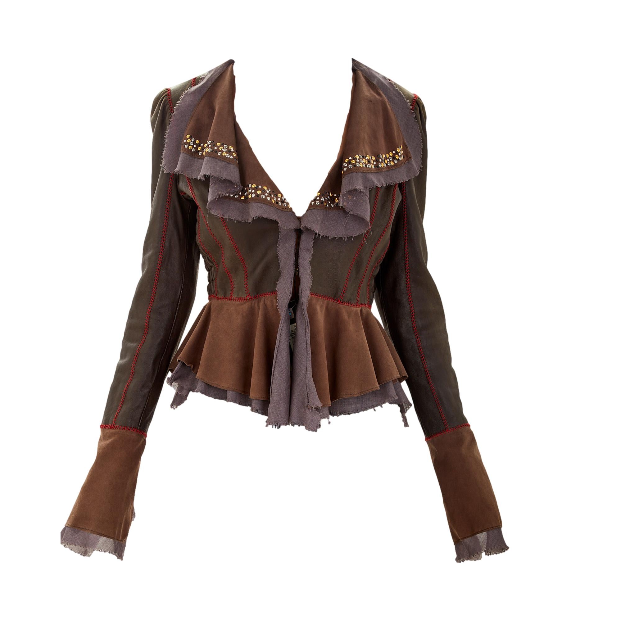 Roberto Cavalli Leather + Suede Ruffle Jacket