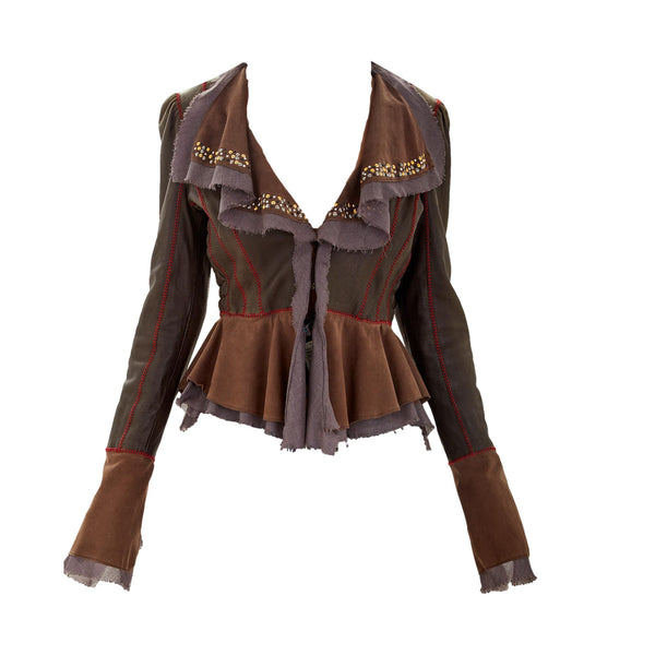 Roberto Cavalli Leather + Suede Ruffle Jacket