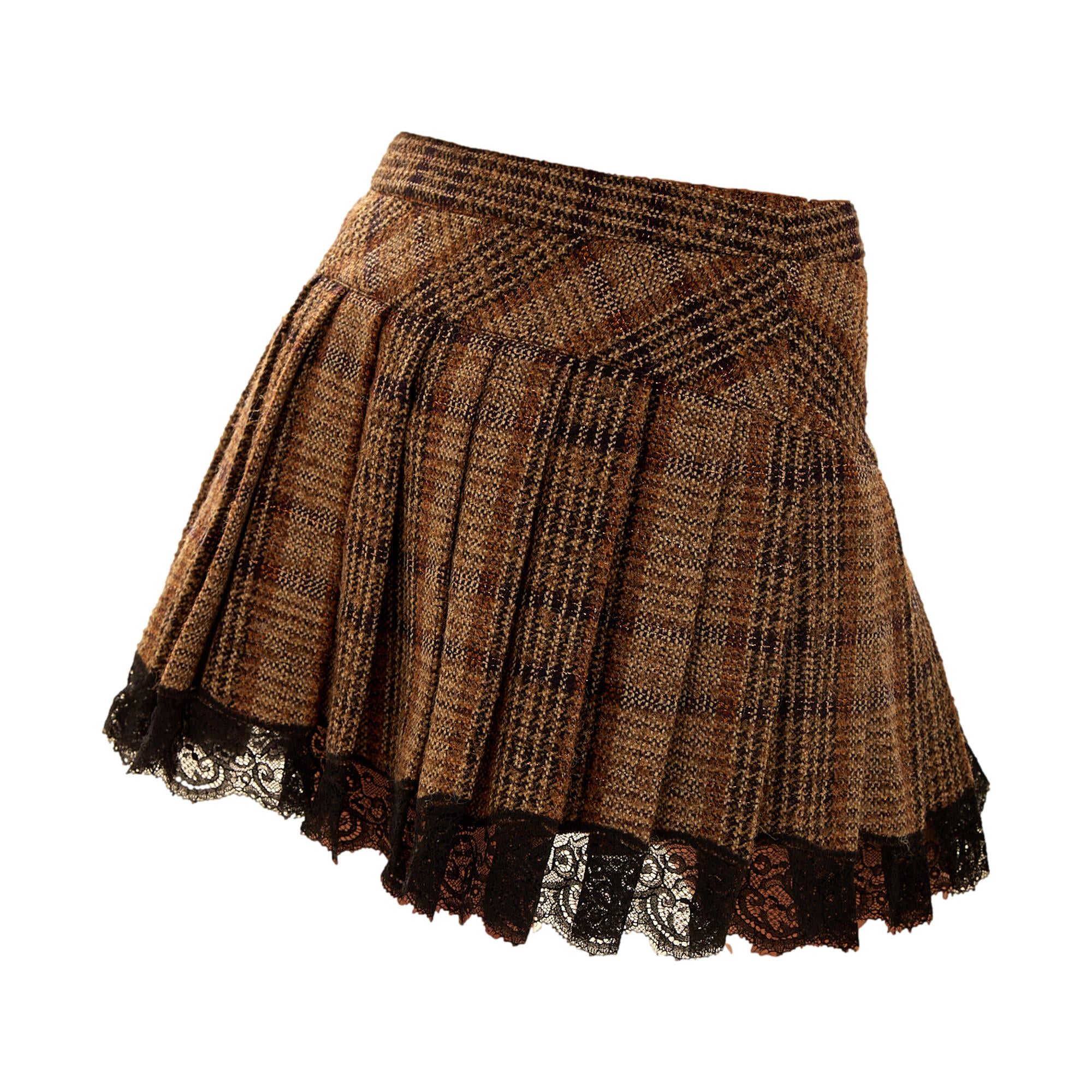 Dolce & Gabbana Brown Tweed Lace Mini Skirt