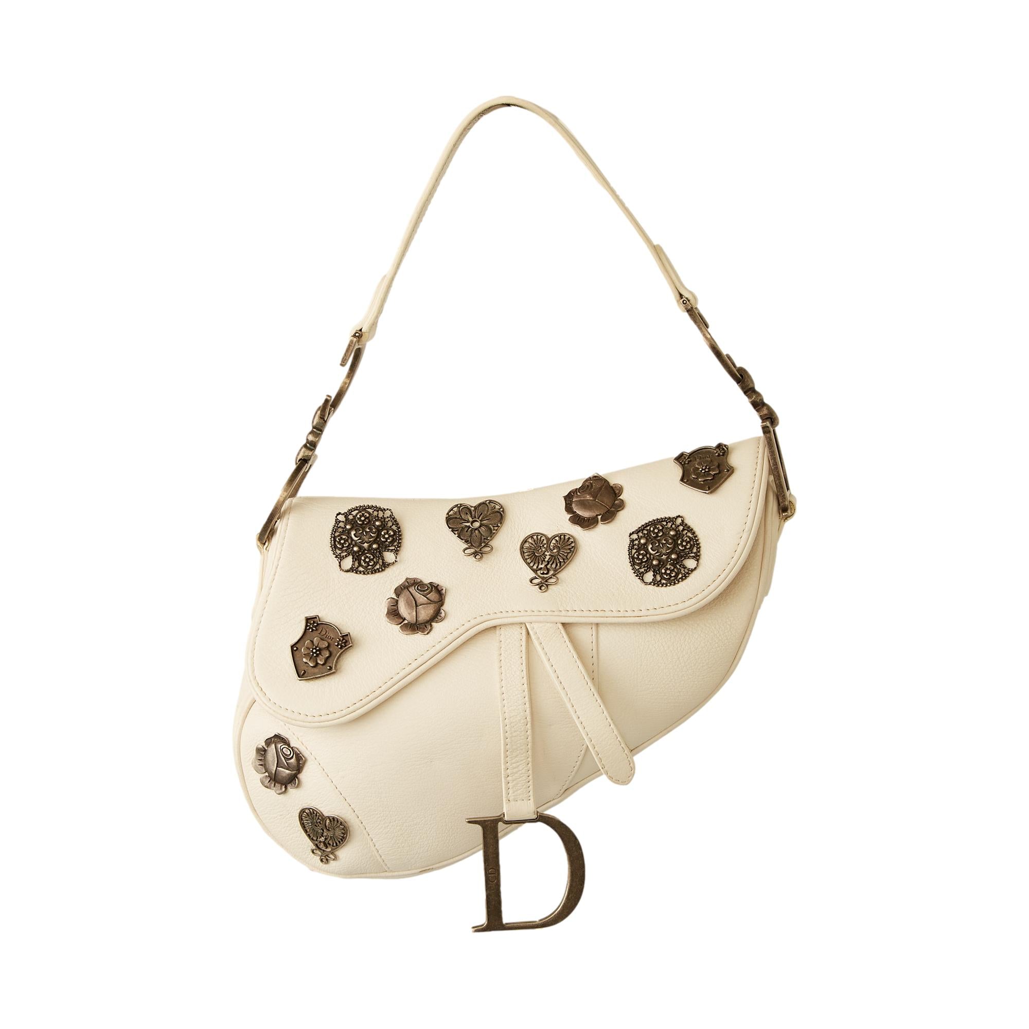 Dior White Leather Charm Saddle Bag