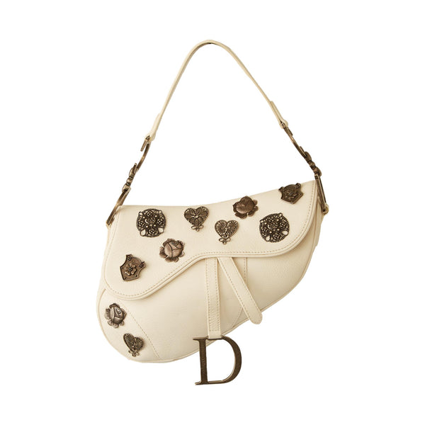 Dior White Leather Charm Saddle Bag