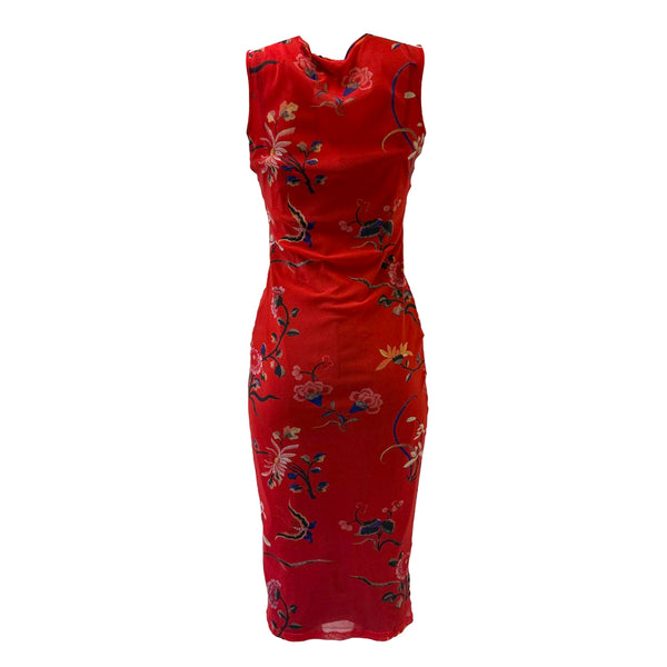 Dolce & Gabbana Red Floral Mesh Midi Dress with Black Slip