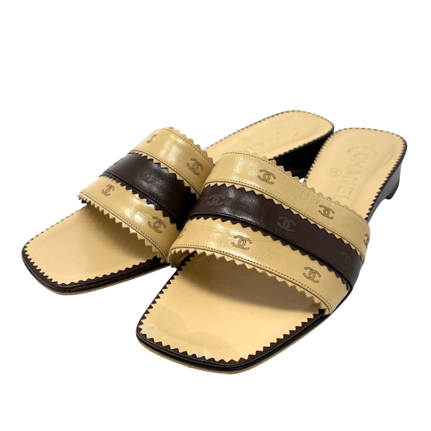 Chanel Cream + Brown Leather Logo Sandals