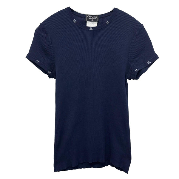 Chanel Navy Ribbed Logo Ringer Sleeve Top