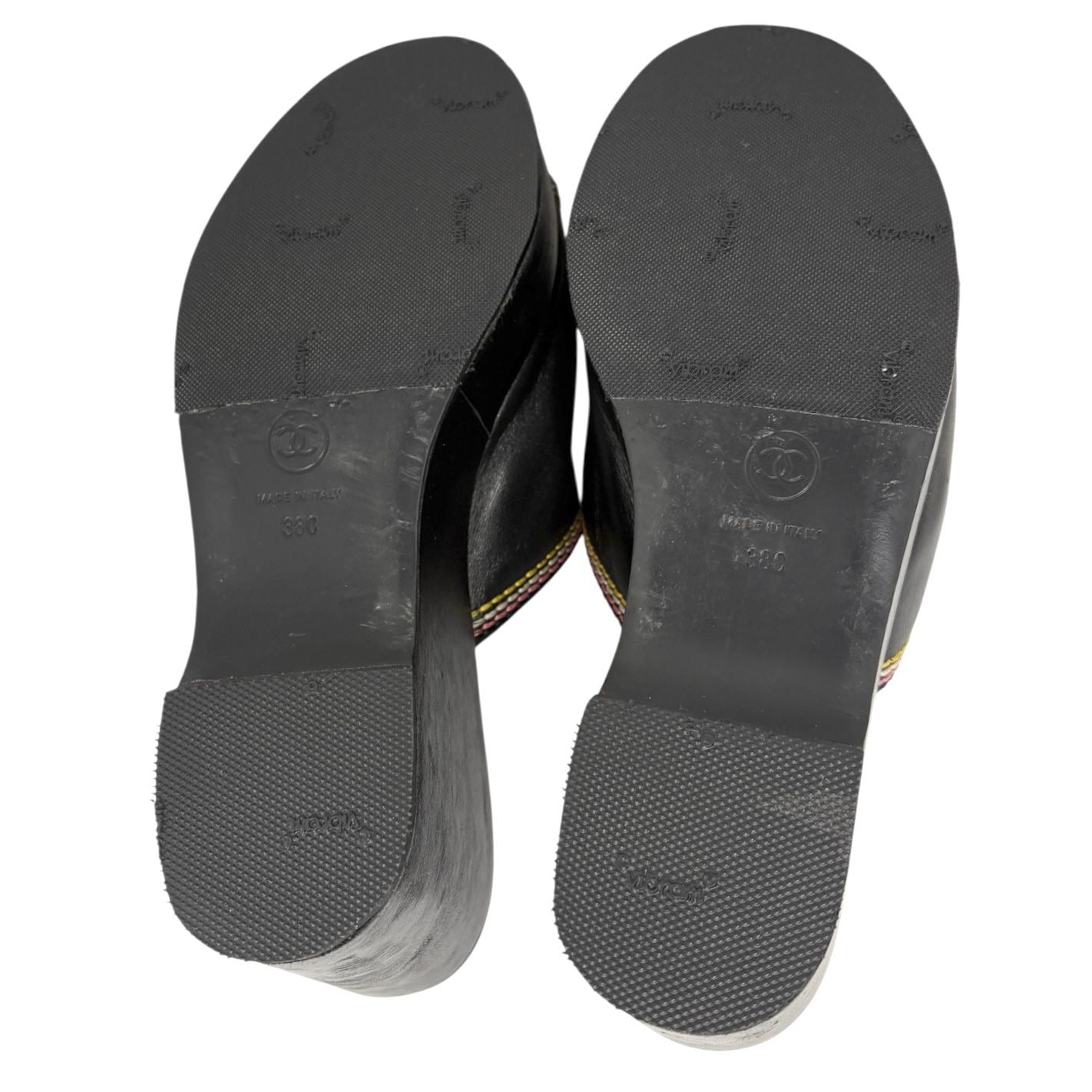 Chanel Black Stitched Logo Platform Sandals