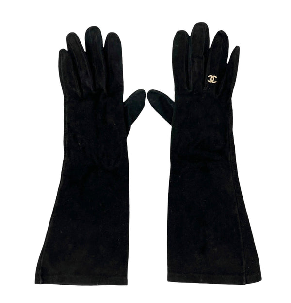 Chanel Black Suede Logo Gloves