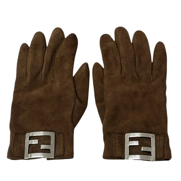 Fendi Brown Suede Logo Gloves