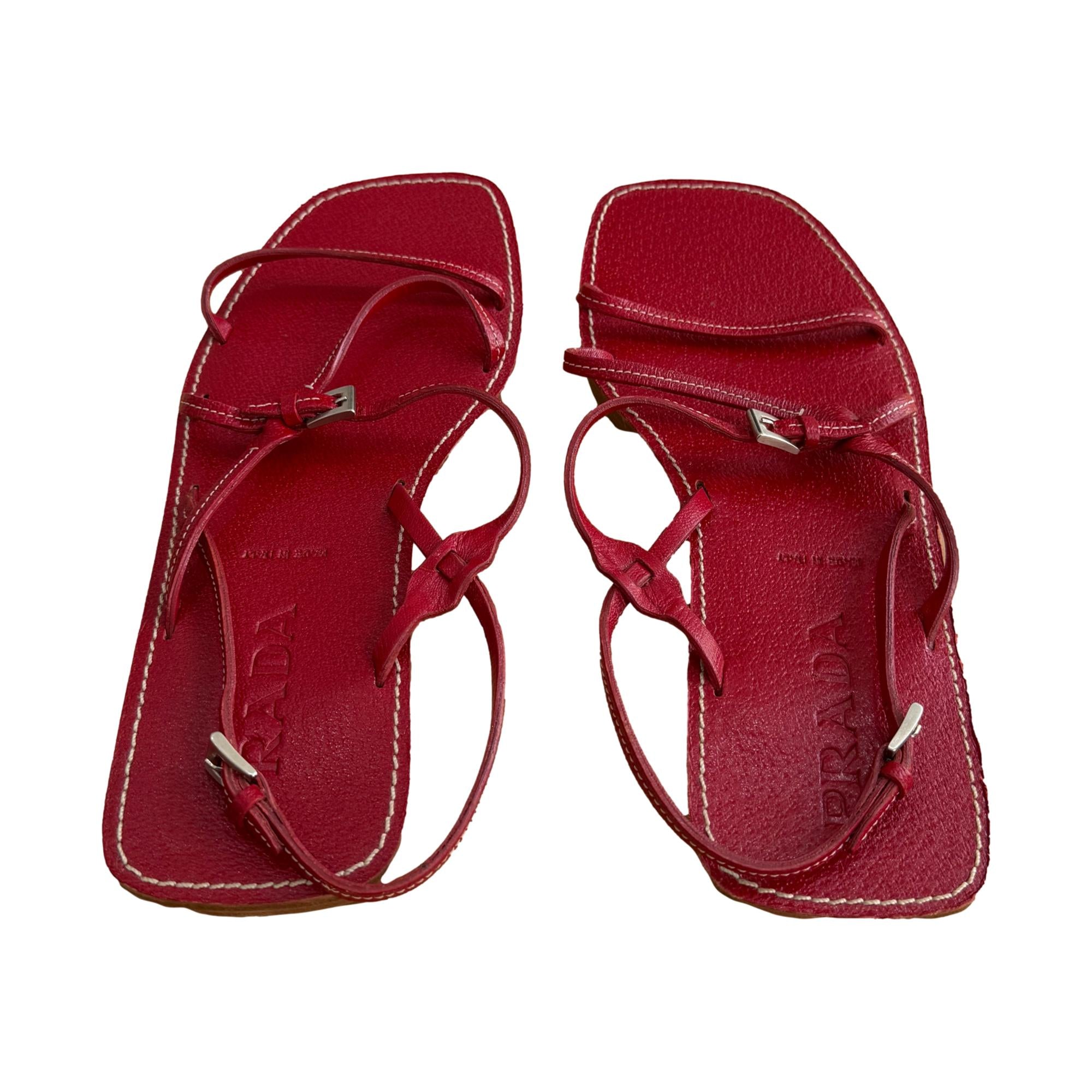 Prada Red Leather Strap Sandals
