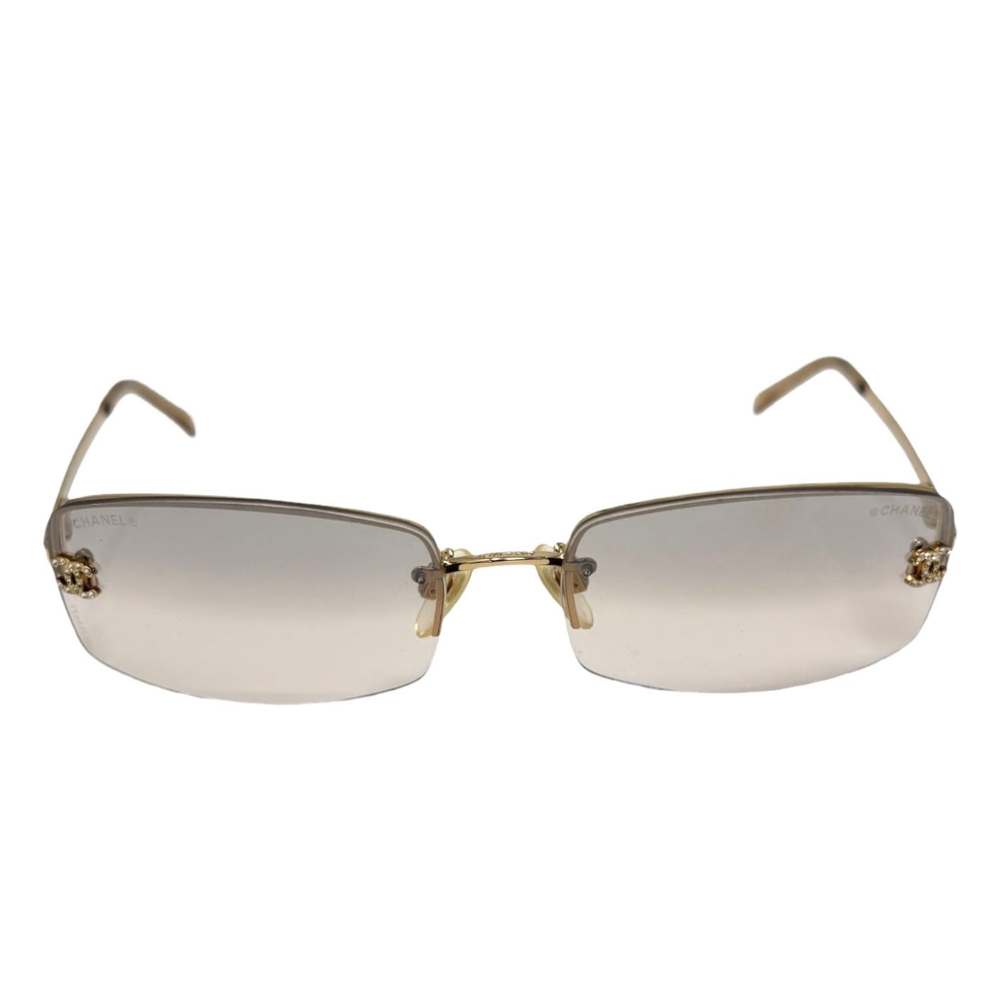 Chanel Tan Mini Rhinestone Rimless Sunglasses