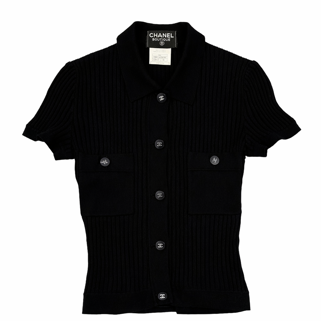 Chanel Black Ribbed Logo Short Sleeve Button Down