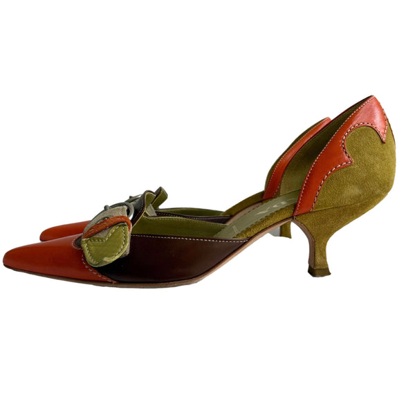 Prada Tri Color Buckle Kitten Heels