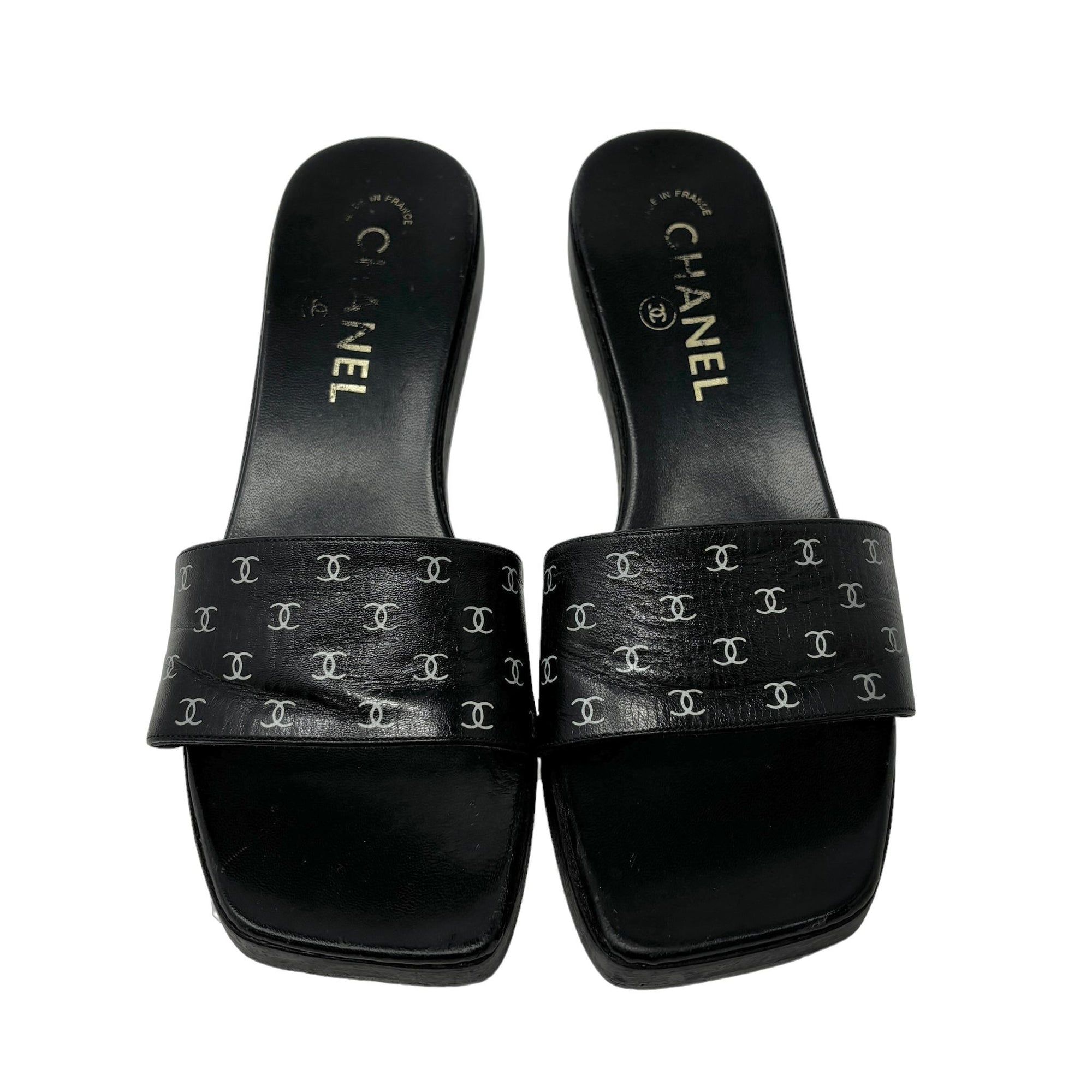 Chanel Black Leather Logo Kitten Heels