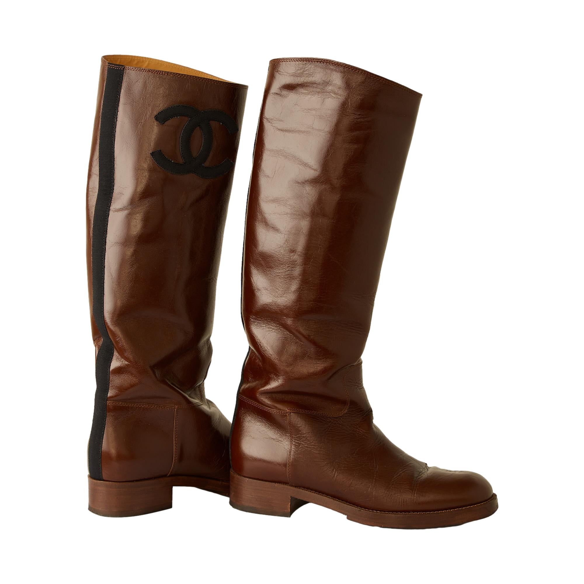 Chanel Brown Jumbo Logo Riding Boots