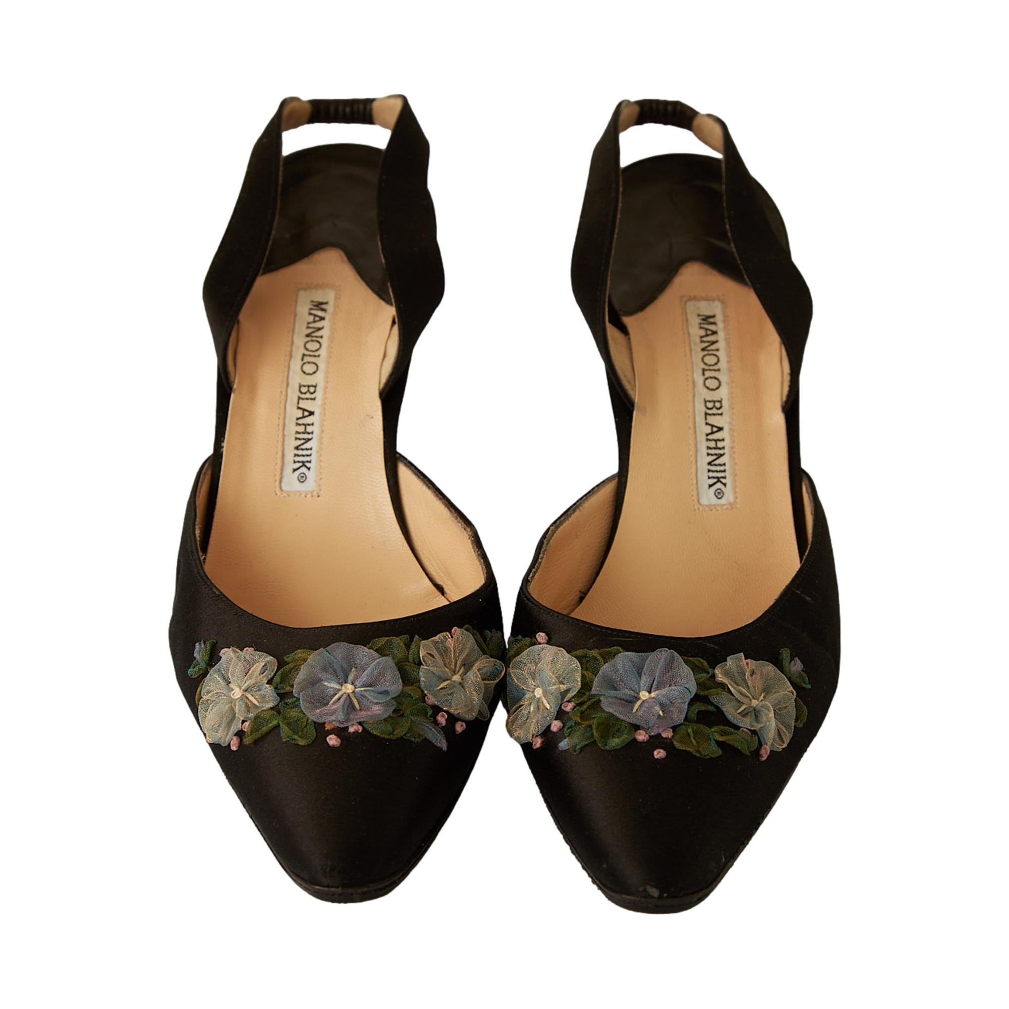 Manolo Blahnik Black Satin Flower Heels