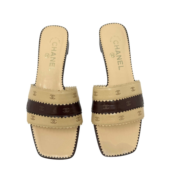 Chanel Cream + Brown Leather Logo Sandals