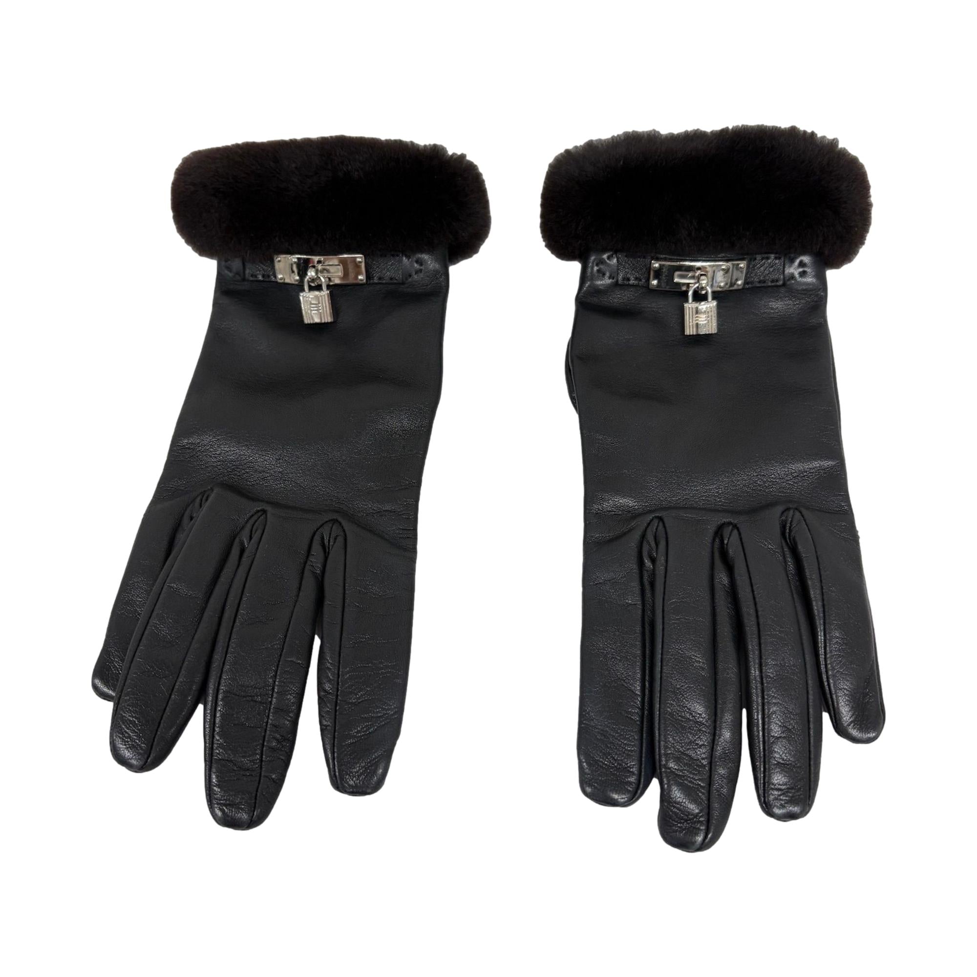 Hermes Black Kelly Mink Gloves